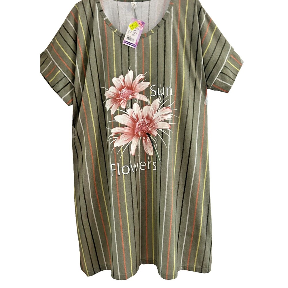 Womens 2X Green Cotton Knit Lounge Dress Short Sleeve Printed Casual House Dress
